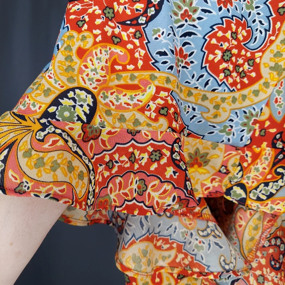 Evolution Not Revolution Slip Dress XS Red Blue Paisley Chiffon Ruffle Y2K Hoco - Picture 6 of 8